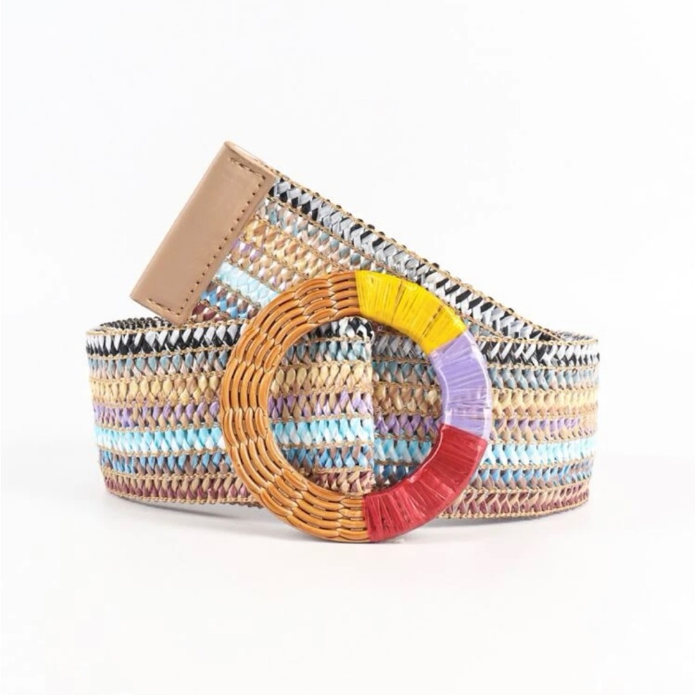 Block striped round buckle straw belt
